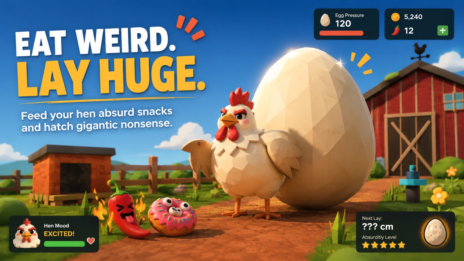 HENORMOUS chicken facing an enormous egg on a colorful farm
