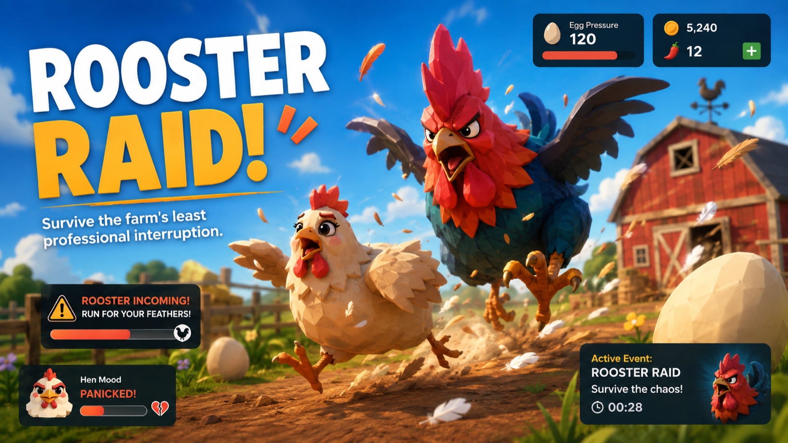 A giant rooster chasing the player during a Rooster Raid